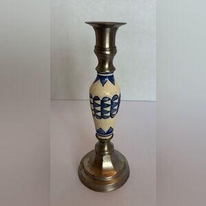 Vintage Blue & Cream Ceramic & Pewter Candlestick